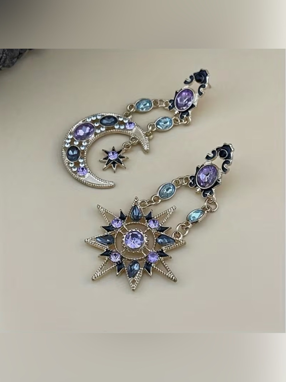 Bohemian Stainless Steel Asymmetrical Sun & Moon Dangle Earrings - Picture 4 of 7
